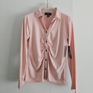 INC sz M Pink Ruched Button-Up blouse Women's long sleev Top medium